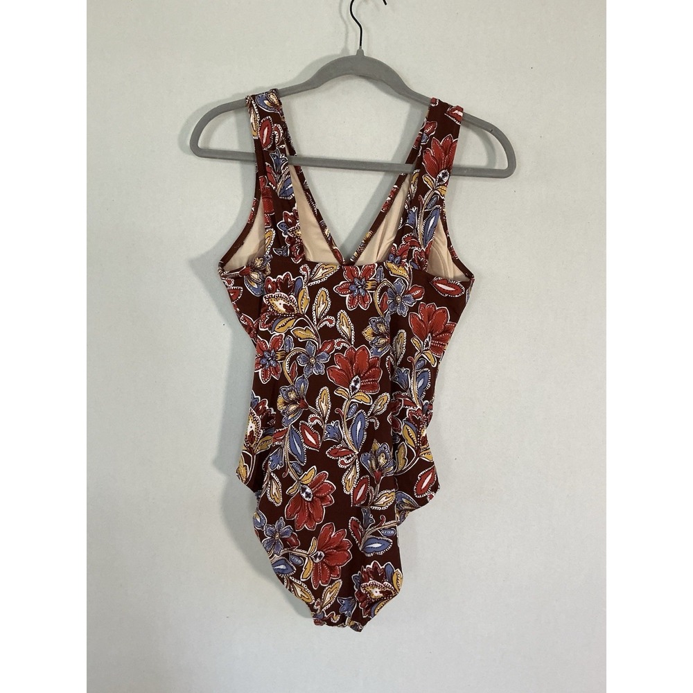 Garnet Hill Brown Floral V-Neck One-Piece Swimsuit w Lined Molded Cups 6 - Picture 4 of 6